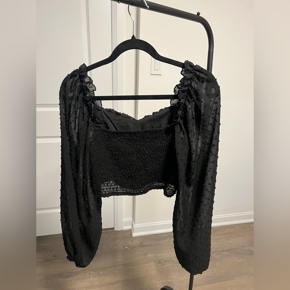 SHEIN Black Swiss dot lettuce trim crop milkmaid Blouse Size M - Picture 3 of 3